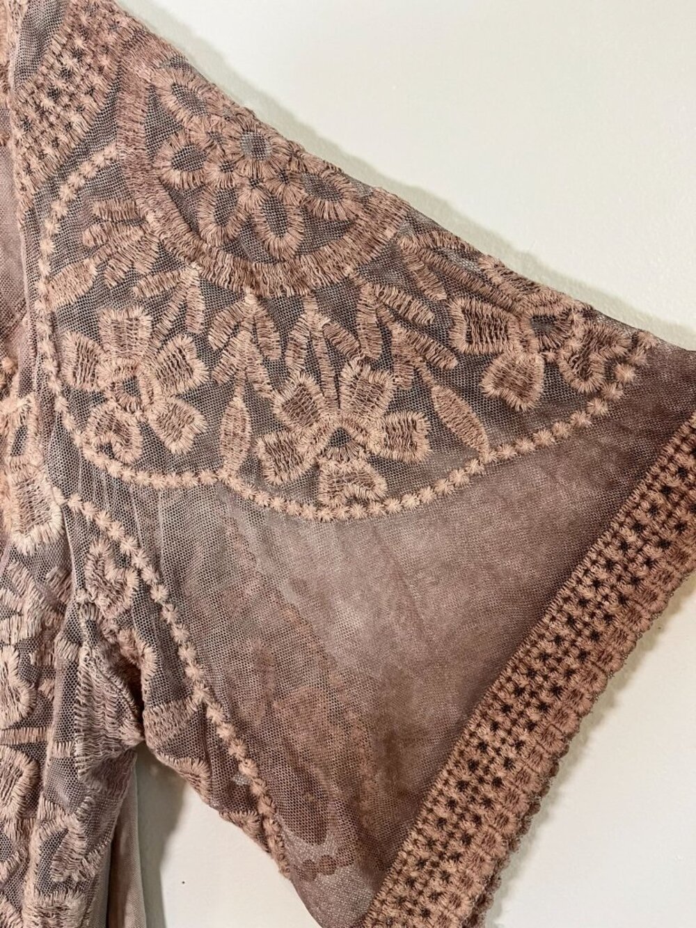 Neutral Floral Embroidered Cardigan XL Boho Indie Folk Peasant Festival Mesh - Picture 5 of 9